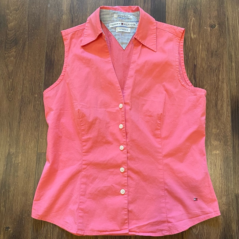 Tommy Hilfiger sleeveless collared button down top hot pink sz 6 stretchy shirt